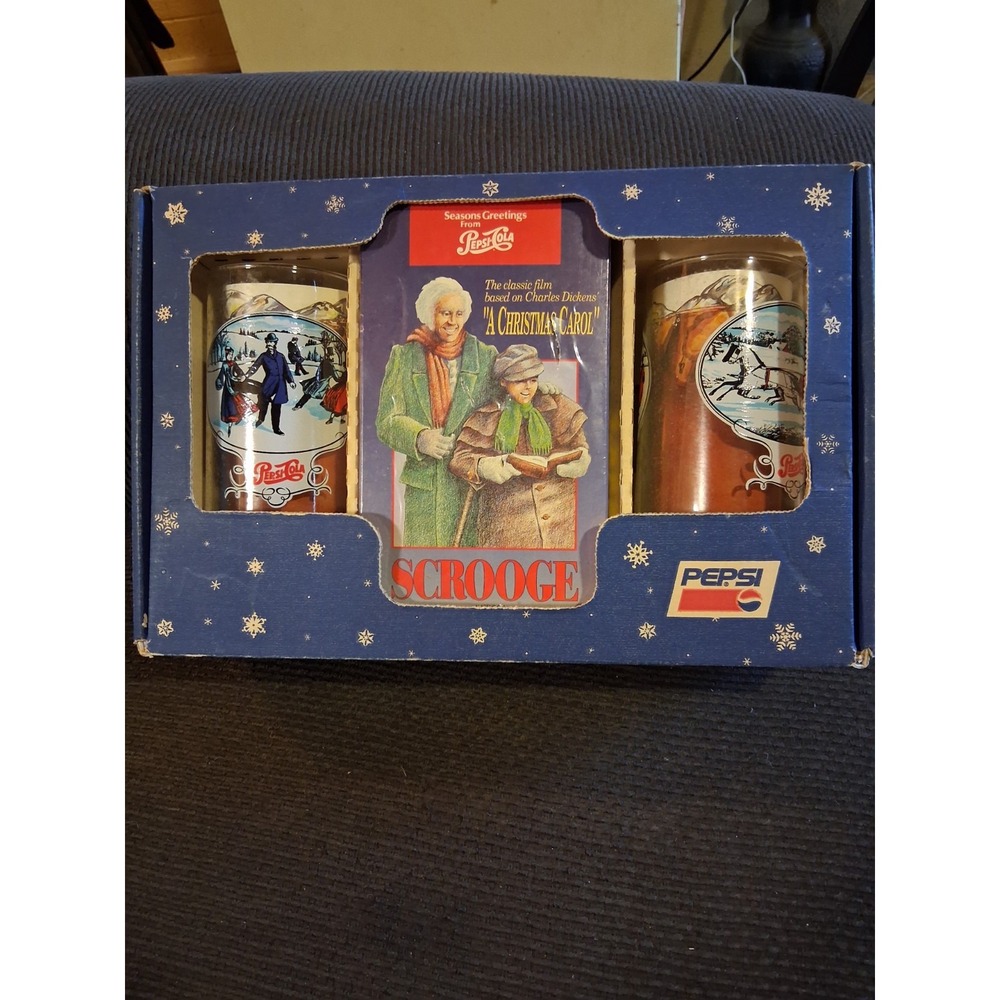 Vintage 1992 PEPSI "A Christmas Carol" SCROOGE Boxed Set VHS Tape & 2 Glasses‎